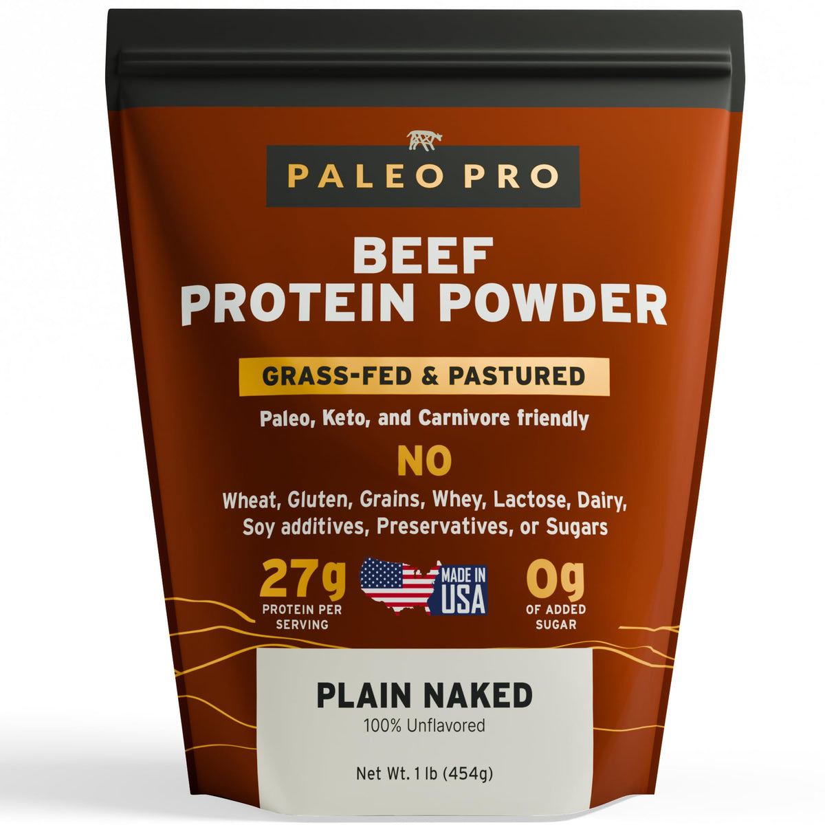 PaleoPro protein powder bottle front view showing grass-fed, cage-free formula for clean protein.