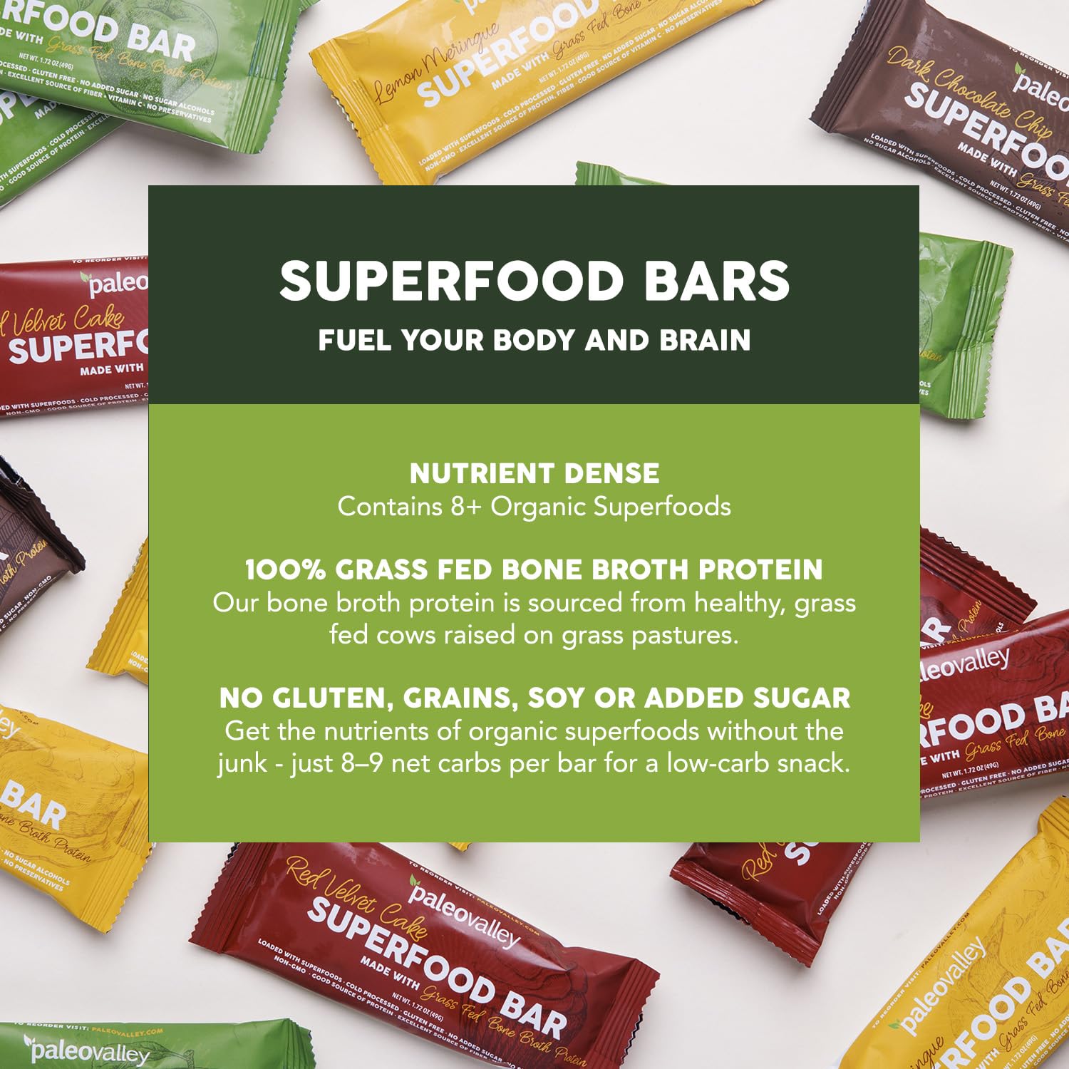 Paleovalley Apple Cinnamon Bars packaging, travel-ready box for busy days.