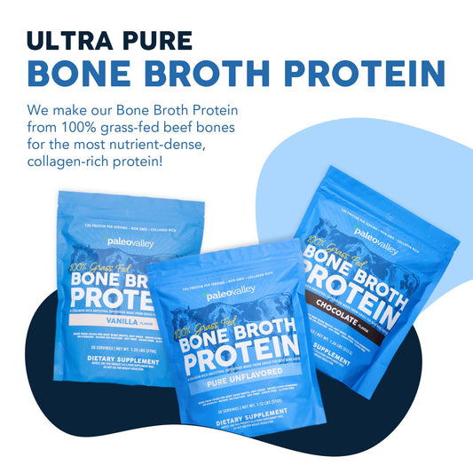 Paleovalley beef bone broth powder with scoop for easy daily protein.