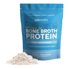 Paleovalley Bone Broth Powder jar highlights clean grass-fed protein for daily nutrition