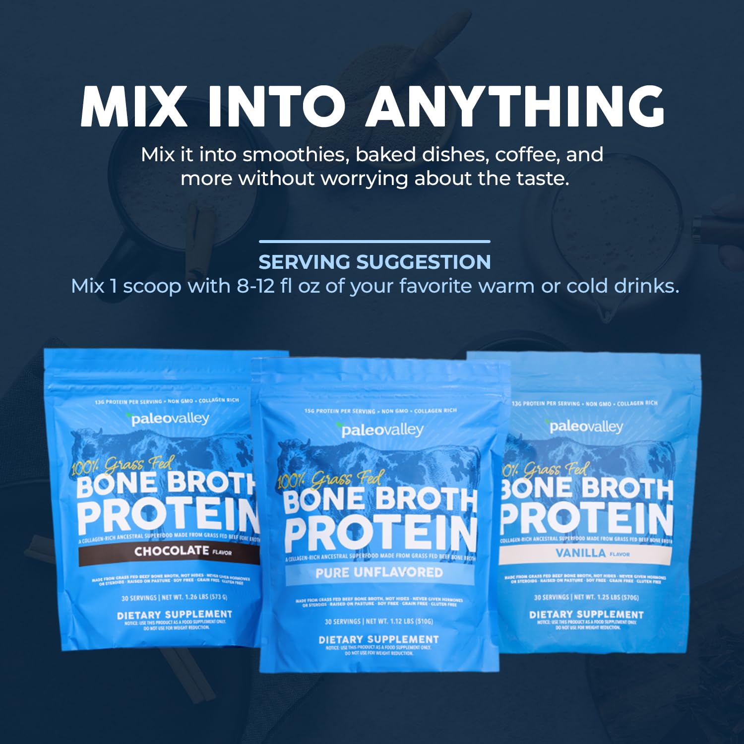 Paleovalley Bone Broth Powder label emphasizes grass-fed, non-GMO sourcing
