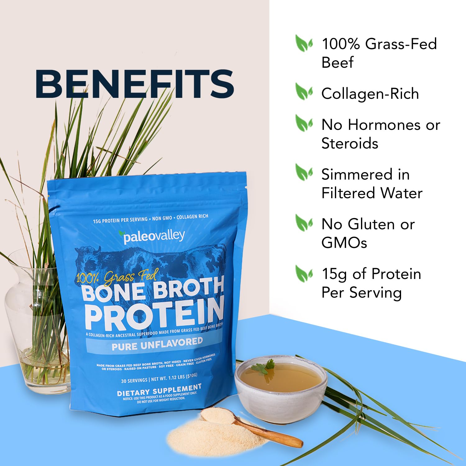 Paleovalley Bone Broth Powder in a smoothie shows versatile, mild flavor for recipes