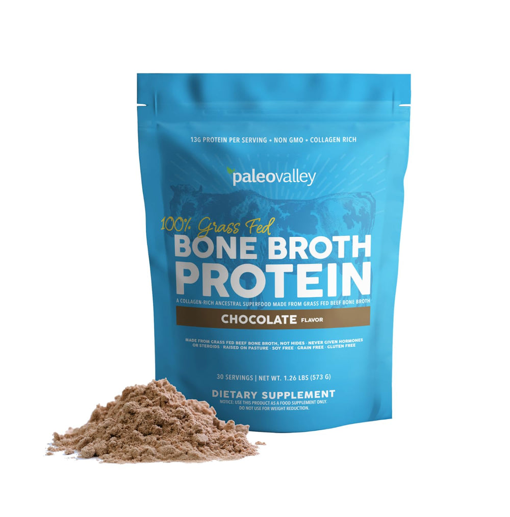 Paleovalley chocolate bone broth powder packaging highlights clean ingredients and protein.