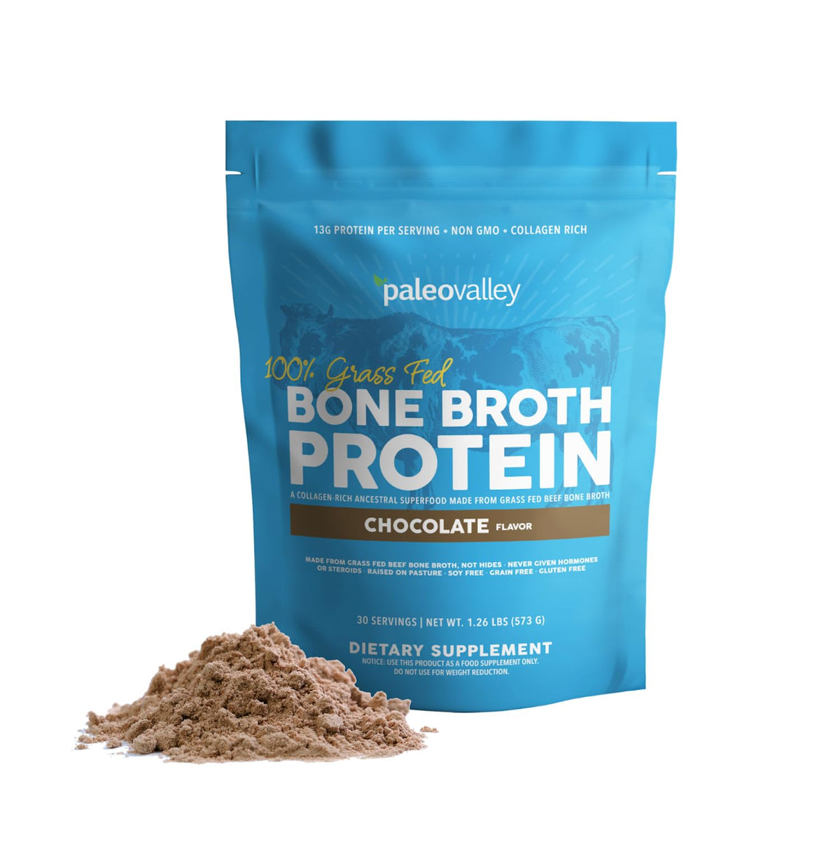 Paleovalley chocolate bone broth powder packaging highlights clean ingredients and protein.