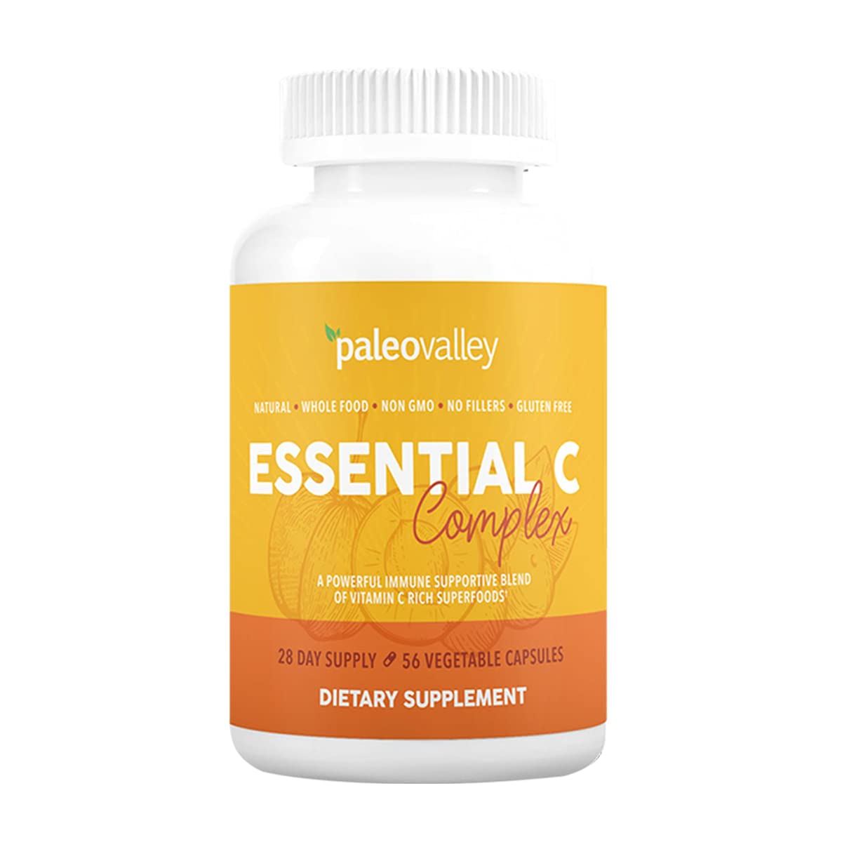 Paleovalley Essential C Complex bottle and capsules highlighting daily immune health support