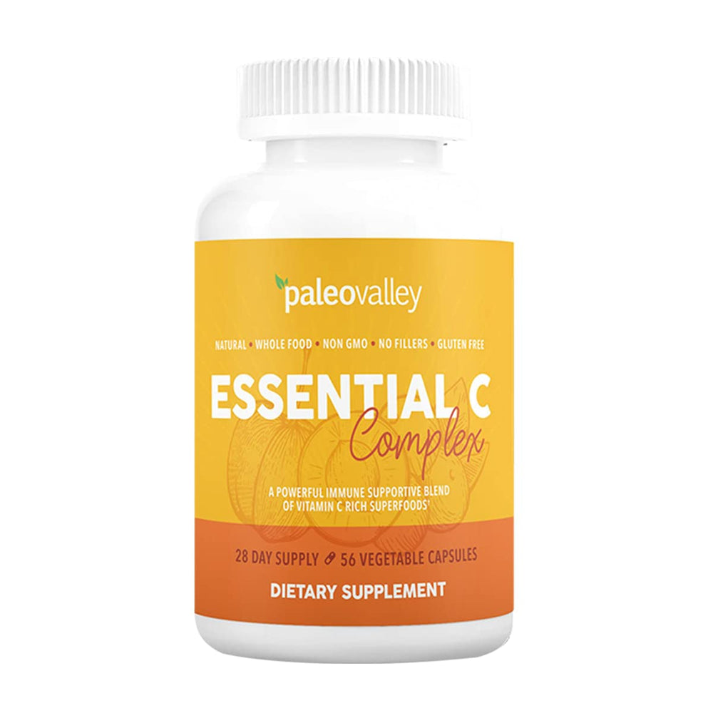 Paleovalley Essential C Complex bottle and capsules highlighting daily immune health support