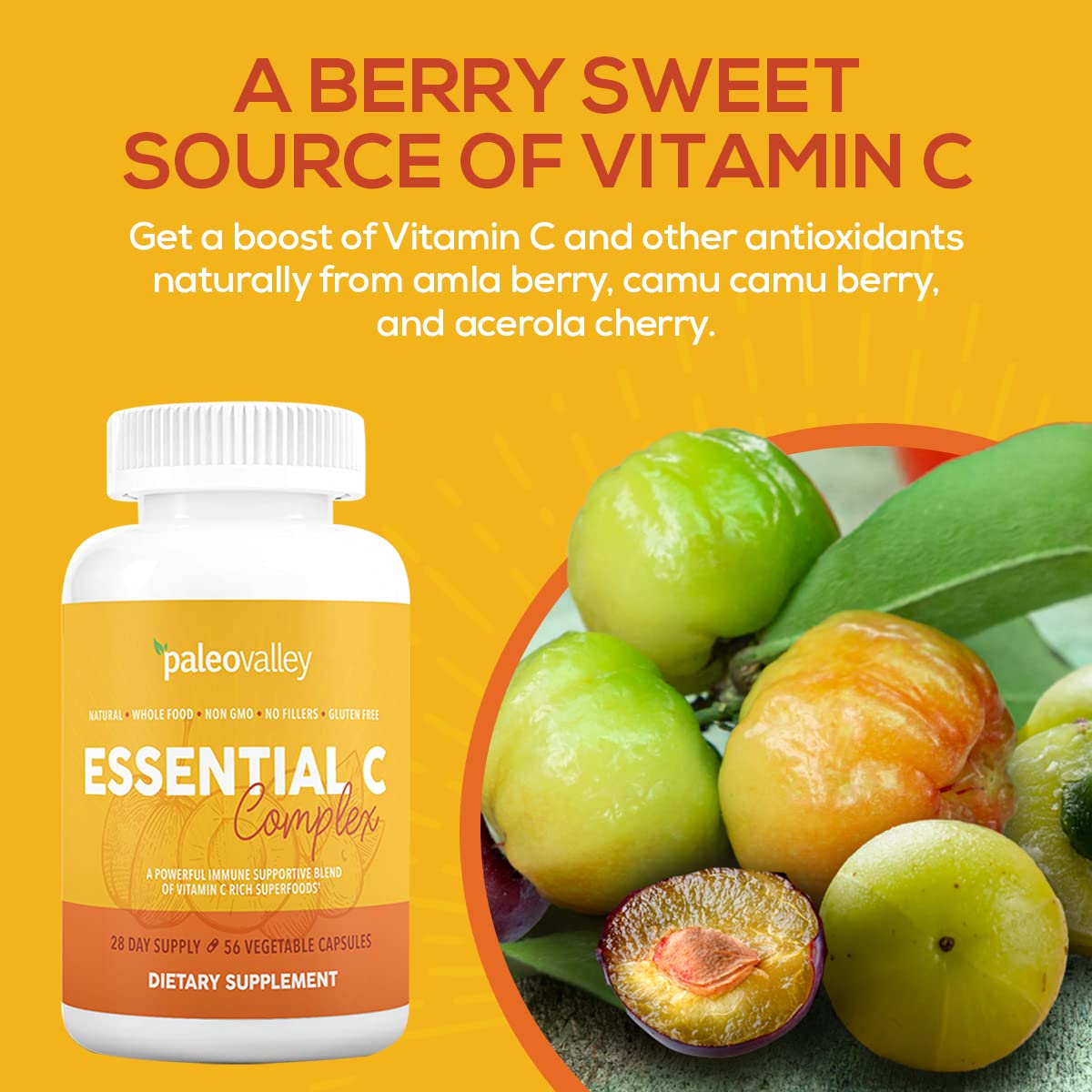 Paleovalley Essential C Complex ingredients list featuring acerola, camu camu, amla berries