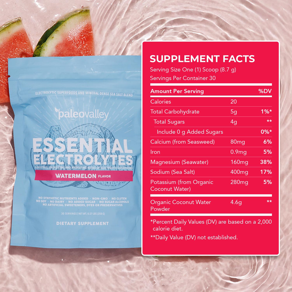 Close-up of the label on Paleovalley electrolytes packaging.