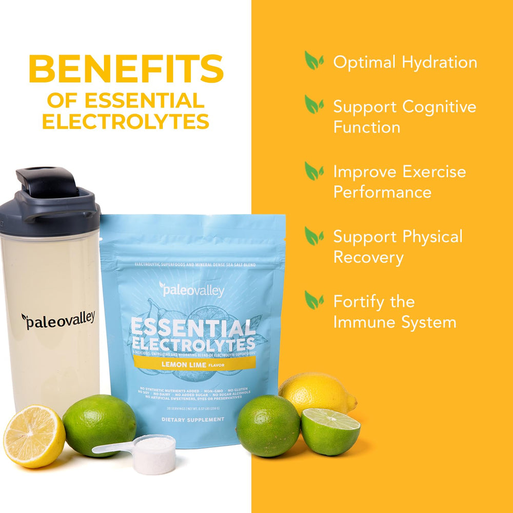 Paleovalley Essential Electrolytes Powder stirred in a glass for steady energy and recovery