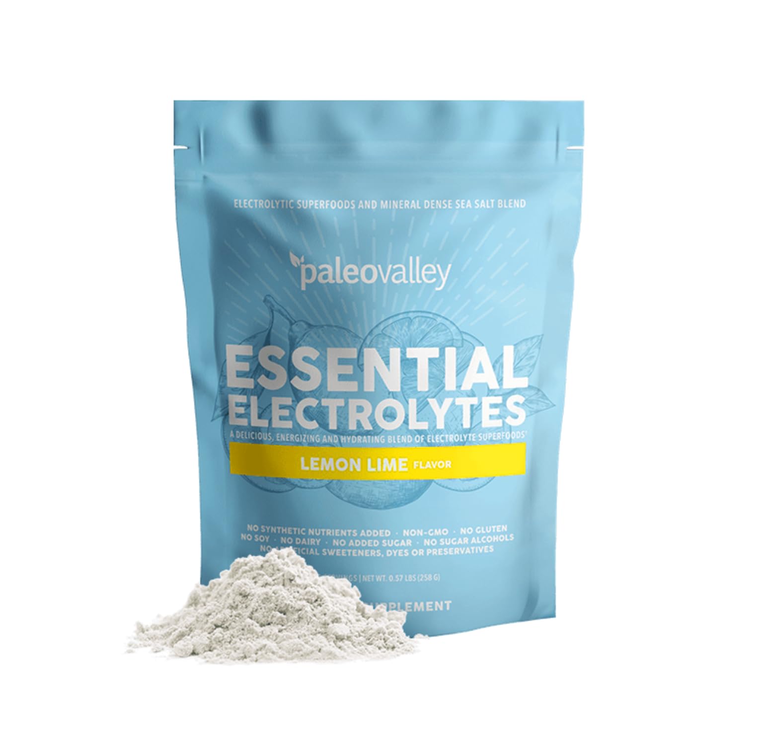 Paleovalley Essential Electrolytes Powder being poured into water for quick hydration and refreshing taste
