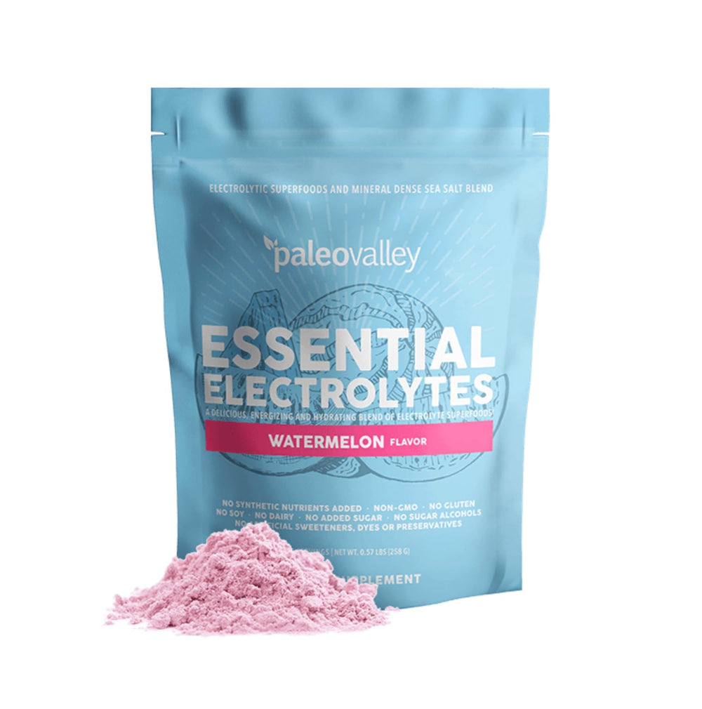 Paleovalley Essential Electrolytes watermelon tub for hydration and flavor.