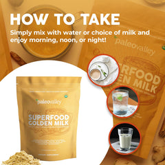 Paleovalley Golden Milk scoop with powder for a convenient health-boosting routine.