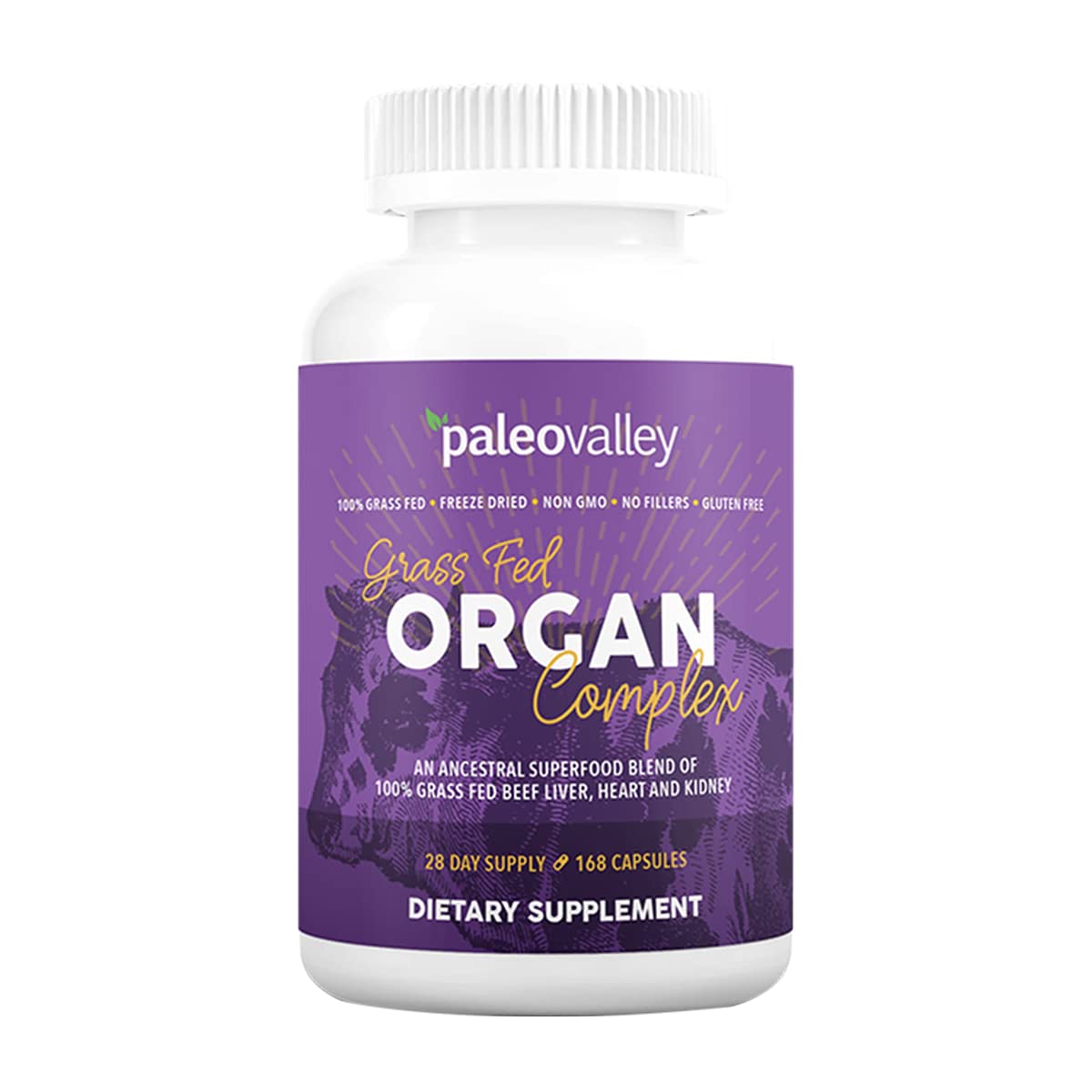 Paleovalley Grass-Fed Beef Organ Complex bottle front, a convenient nutrient-dense supplement.