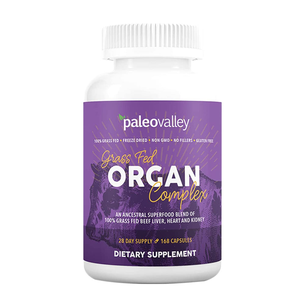 Paleovalley Grass-Fed Beef Organ Complex bottle front, a convenient nutrient-dense supplement.