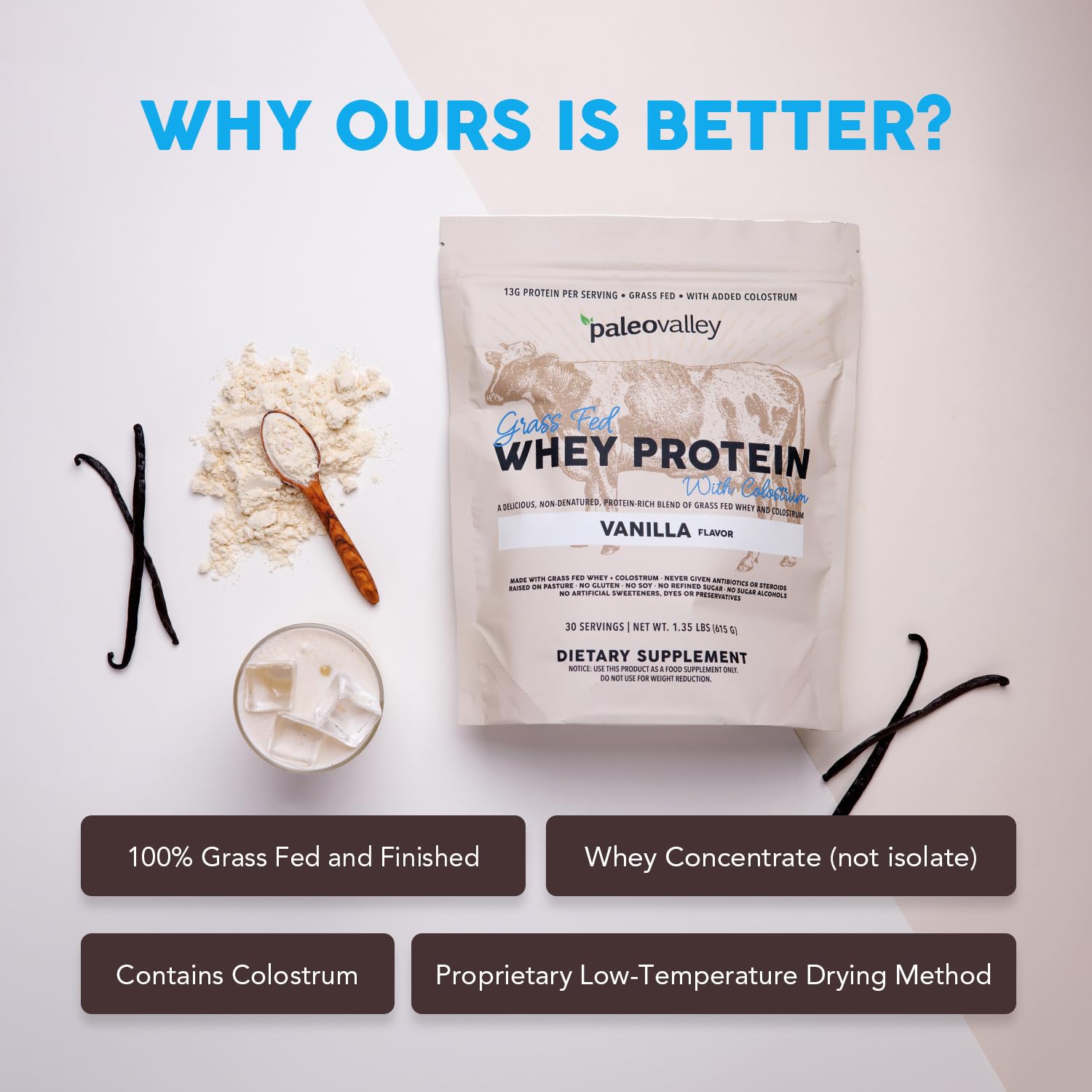 Paleovalley grass-fed whey from grain-free cattle.