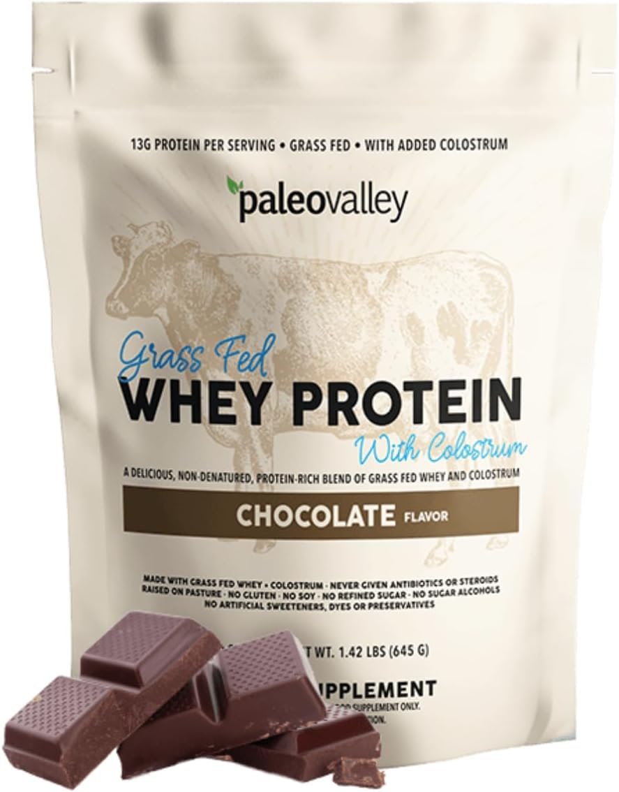 Paleovalley grass-fed whey protein bottle for post-workout recovery and lean gains
