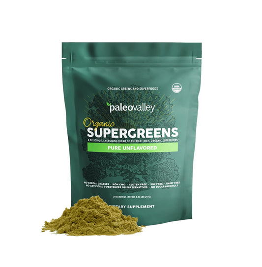 Paleovalley Organic Supergreens bottle front view for daily energy support