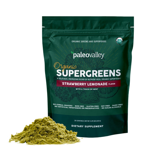 Paleovalley Organic Supergreens bottle label shows clean ingredients for daily greens.