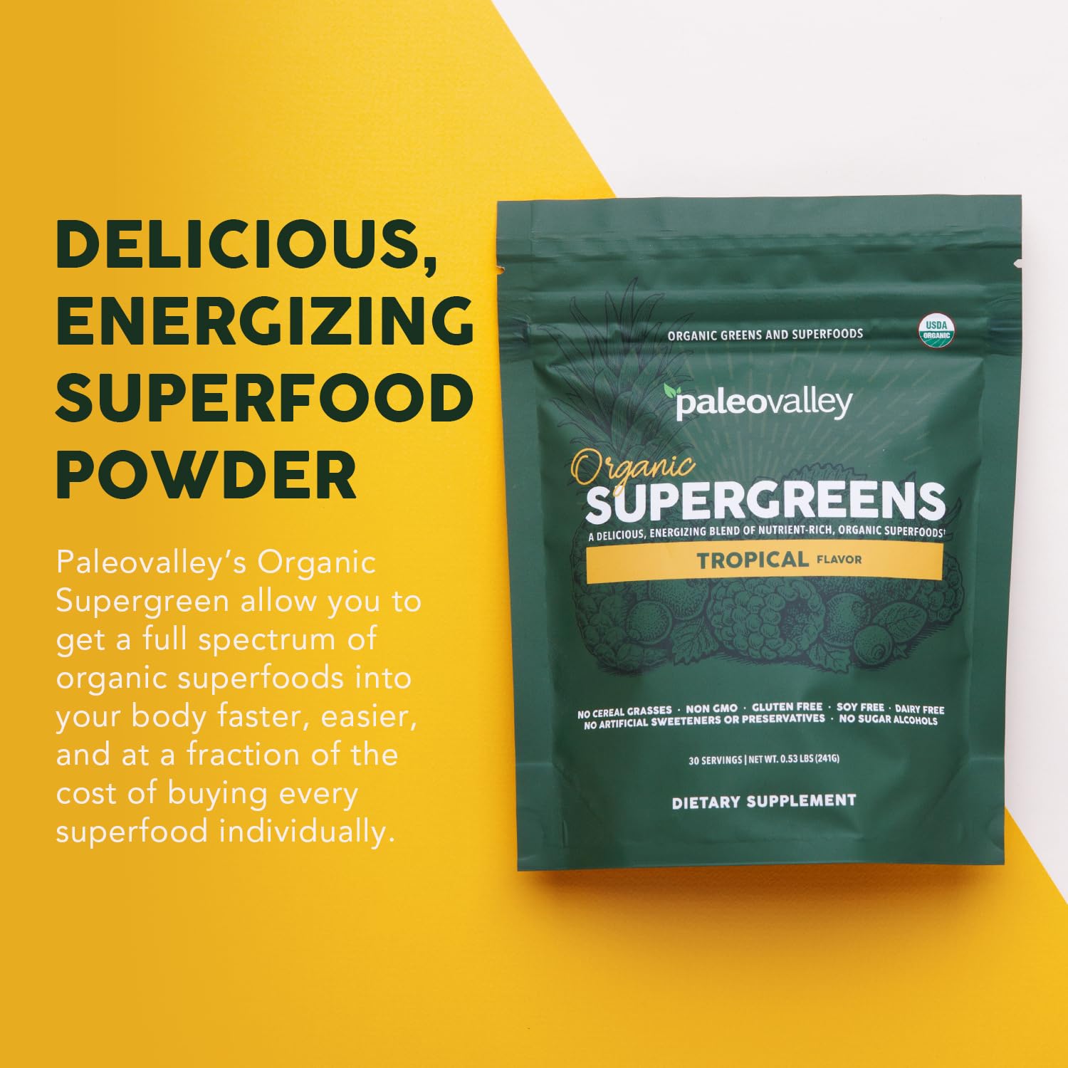 Paleovalley Organic Supergreens clean ingredients without cereals or GMOs