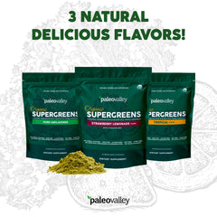 Paleovalley Organic Supergreens raw-ingredients-closeup highlights kale and turmeric richness.