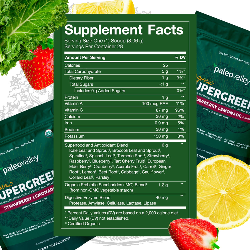 Paleovalley Organic Supergreens scoop-dispense shows easy measurement for quick nutrition.