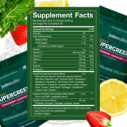 Paleovalley Organic Supergreens scoop-dispense shows easy measurement for quick nutrition.