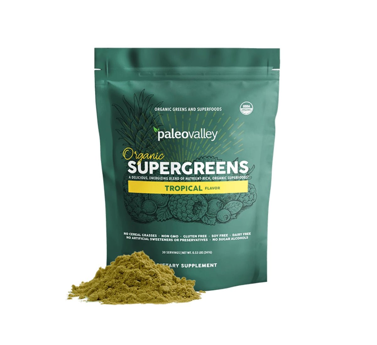 Paleovalley Organic Supergreens tropical canister showing the vibrant greens blend for daily energy
