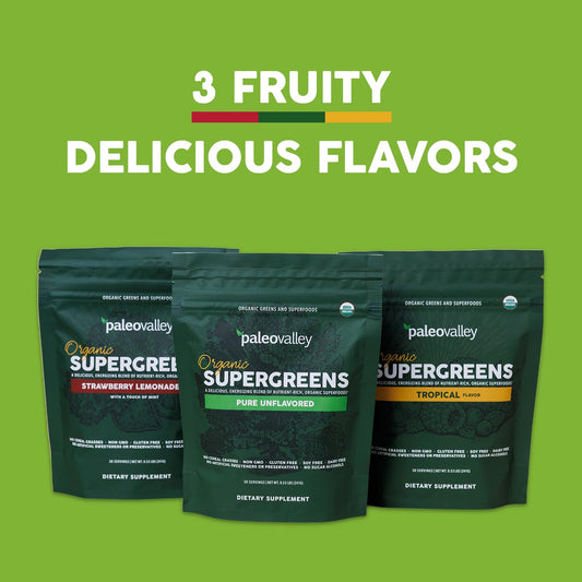 Paleovalley Organic Supergreens tropical glass mix highlighting easy blending