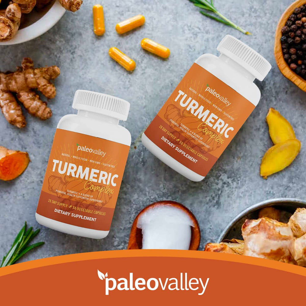 Paleovalley Organic Turmeric Complex capsule texture close-up.