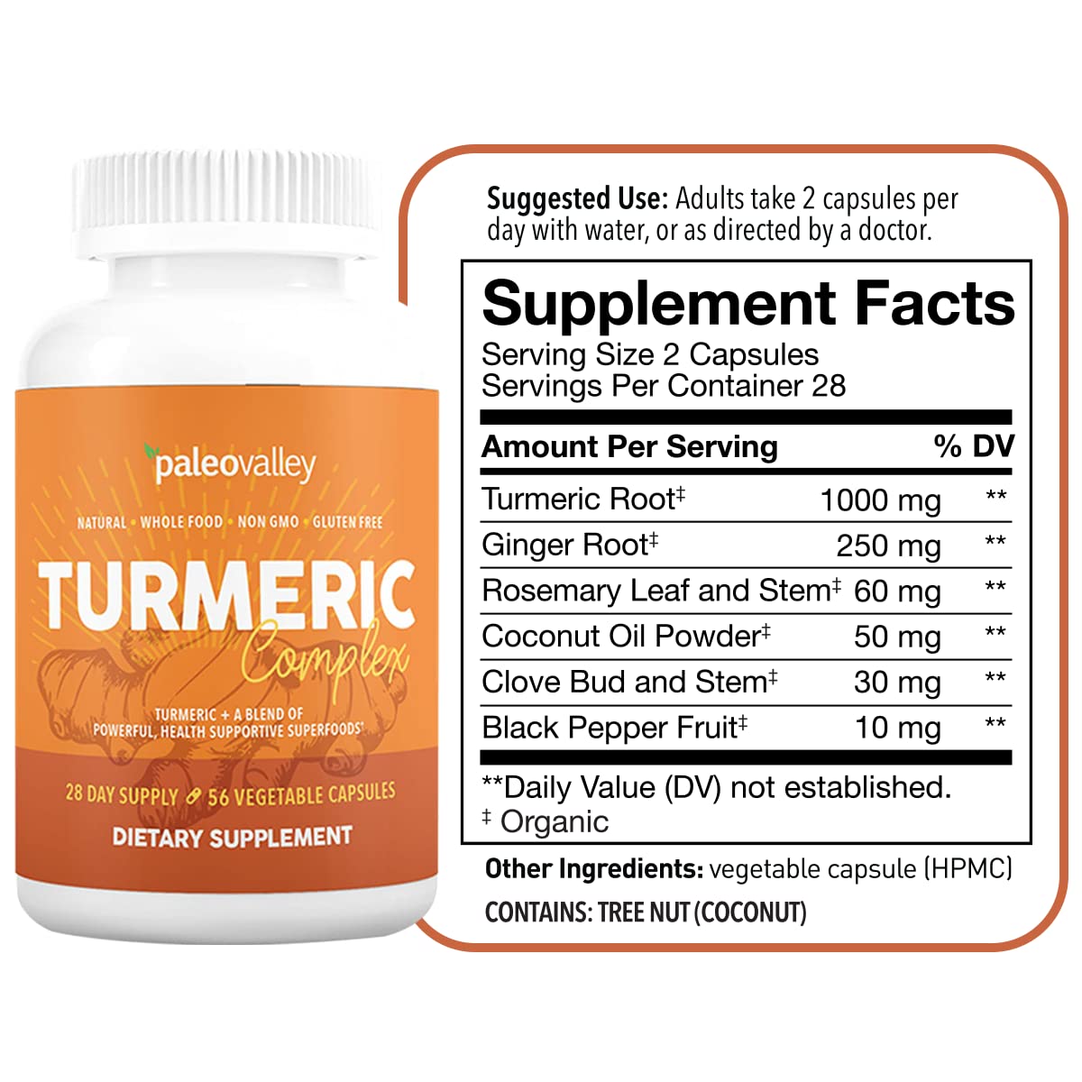 Paleovalley Organic Turmeric Complex capsules close-up showing easy-to-swallow form.