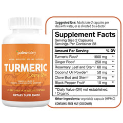 Paleovalley Organic Turmeric Complex capsules close-up showing easy-to-swallow form.