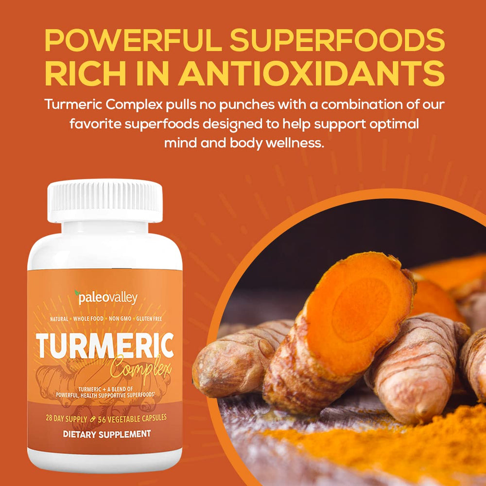 Paleovalley Turmeric Complex facts panel notes gluten-free formula.
