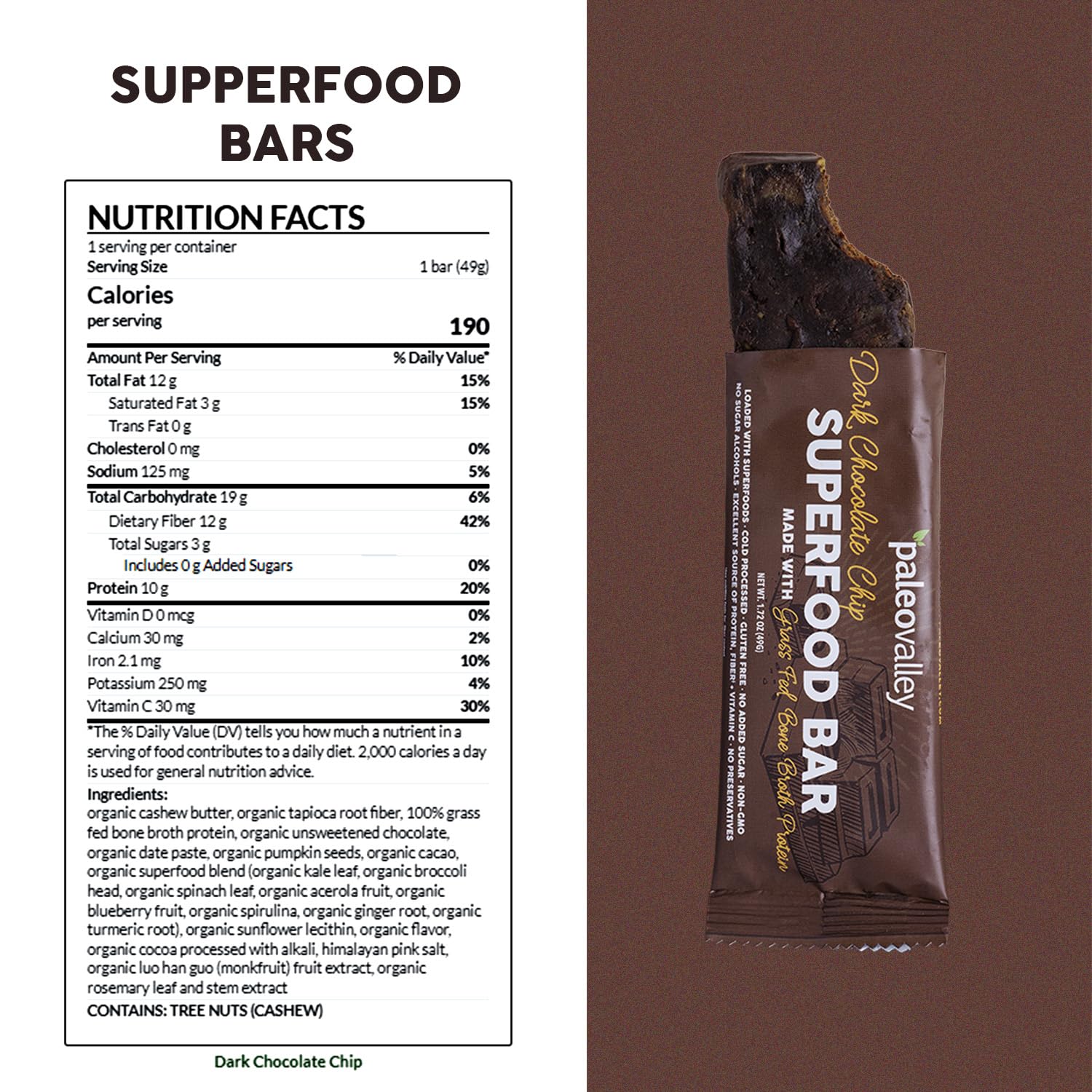 Paleovalley bar close-up shows greens and chocolate chips in a single bar