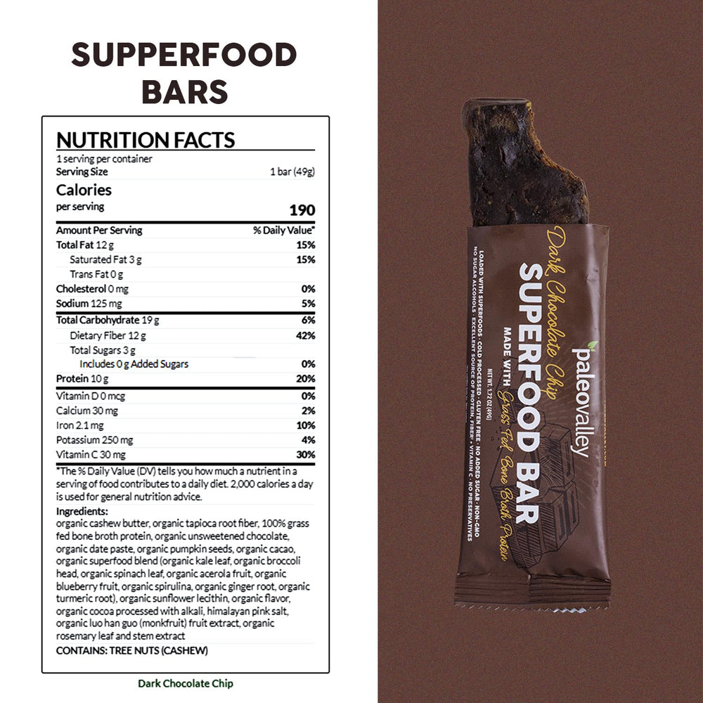 Paleovalley bar close-up shows greens and chocolate chips in a single bar