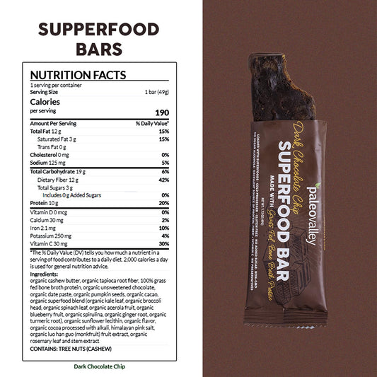 Paleovalley bar close-up shows greens and chocolate chips in a single bar