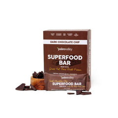Paleovalley Dark Chocolate Chip Superfood Bars package for easy on-the-go snacking