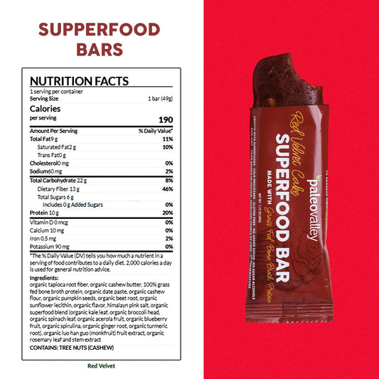 Paleovalley Red Velvet Bar front view, 9g protein snack.