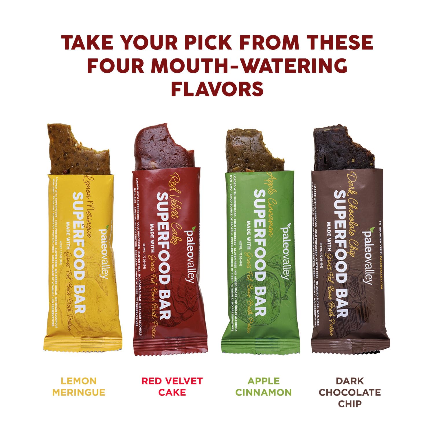 Paleovalley Red Velvet Bars nutrition label, non-GMO and allergen-friendly.