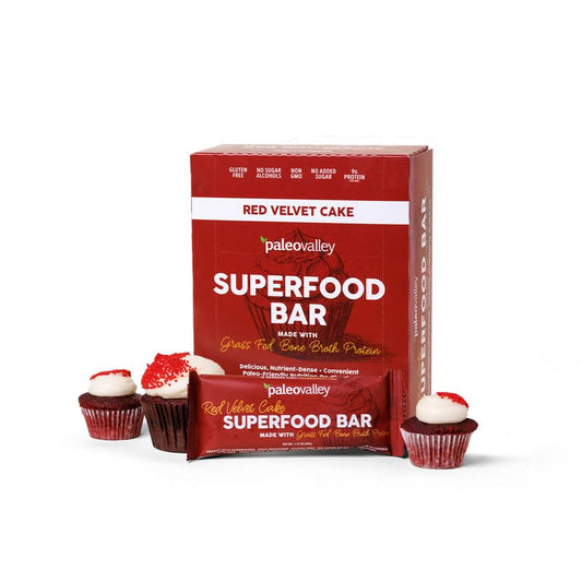 Paleovalley Red Velvet Superfood Bars pack closeup for on-the-go nutrition.
