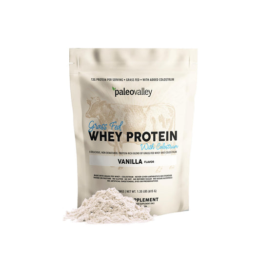 Paleovalley vanilla whey powder canister for daily protein and recovery.