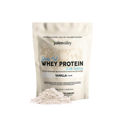 Paleovalley vanilla whey powder canister for daily protein and recovery.