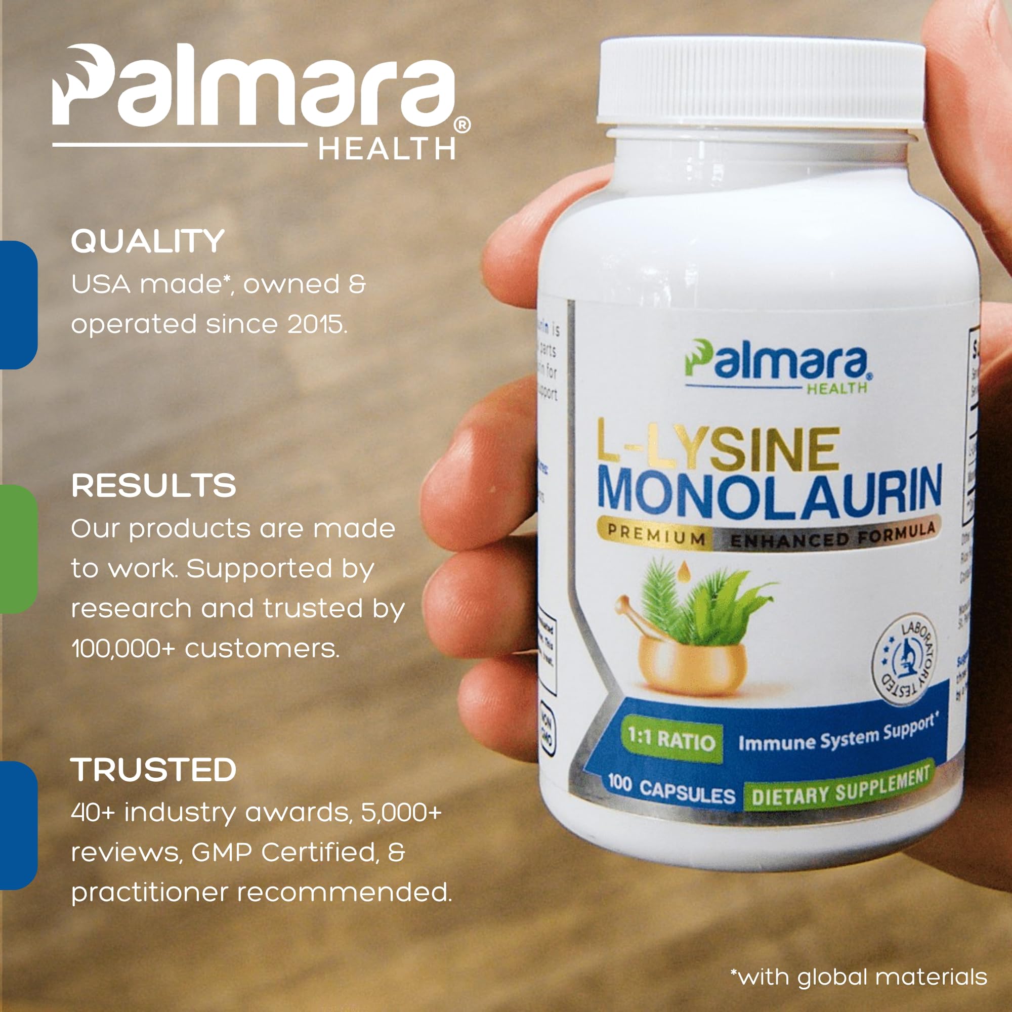 Palmara Health capsules close-up highlighting vegan, non-GMO, gluten-free formula.