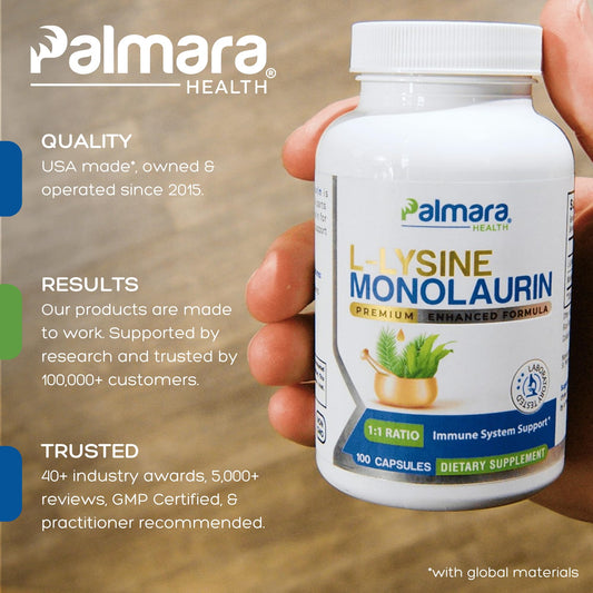 Palmara Health capsules close-up highlighting vegan, non-GMO, gluten-free formula.