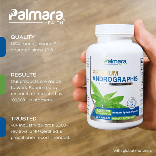 Palmara Health Andrographis capsules close-up, vegan and non-GMO formula.