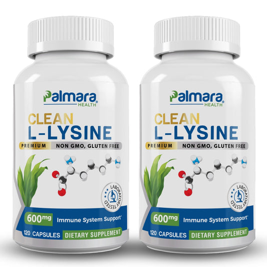 Palmara Health Clean L-Lysine 600mg bottle front view for vegan lifestyle.