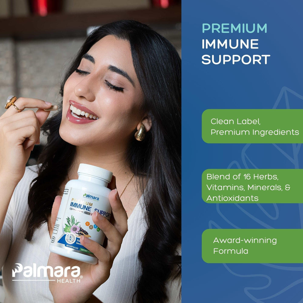 Individual capsules with natural ingredients layout for Palmara Health Immune Support.