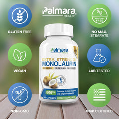 Palmara Health Monolaurin bottle open with capsules visible for dosage clarity