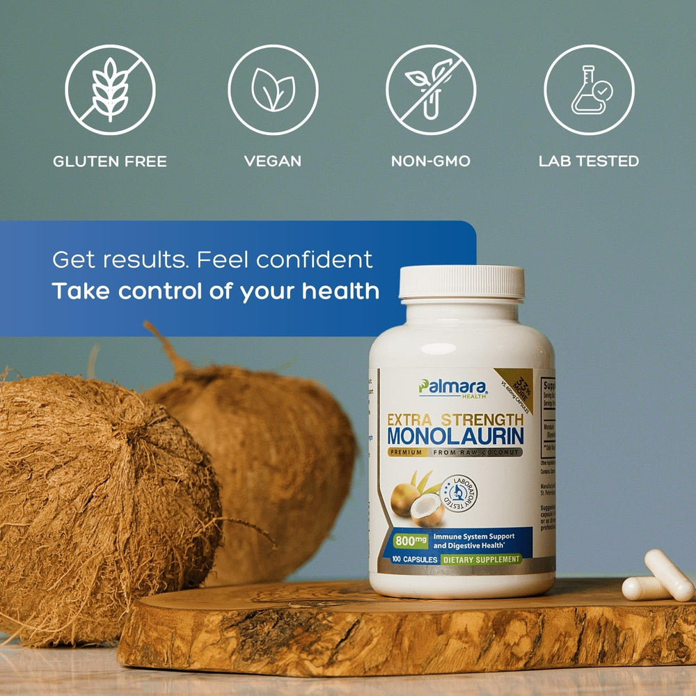 Palmara Health Monolaurin capsules poured to illustrate convenient 2-capsule serving.