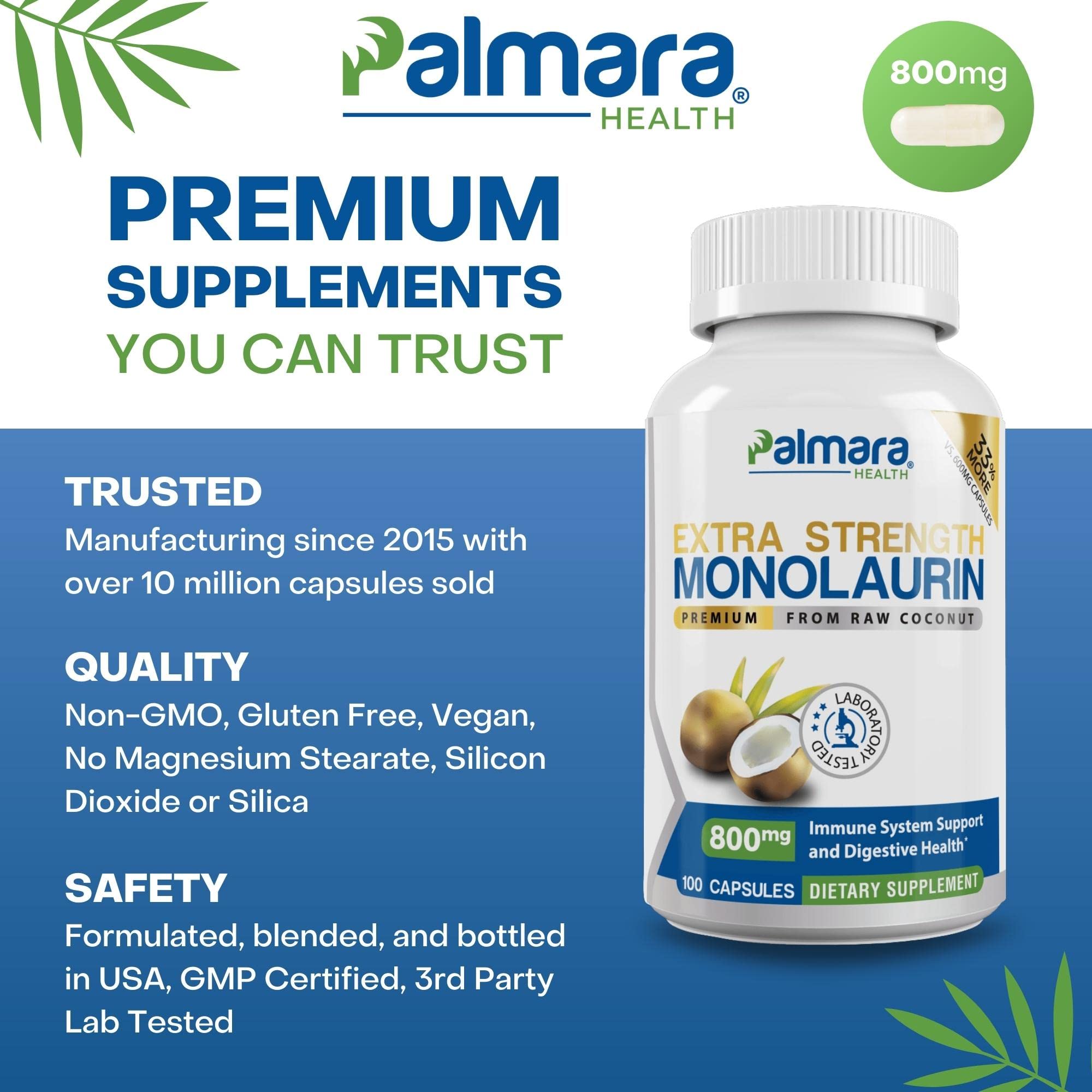 Palmara Health Monolaurin capsules two-per-serving for easy dosing