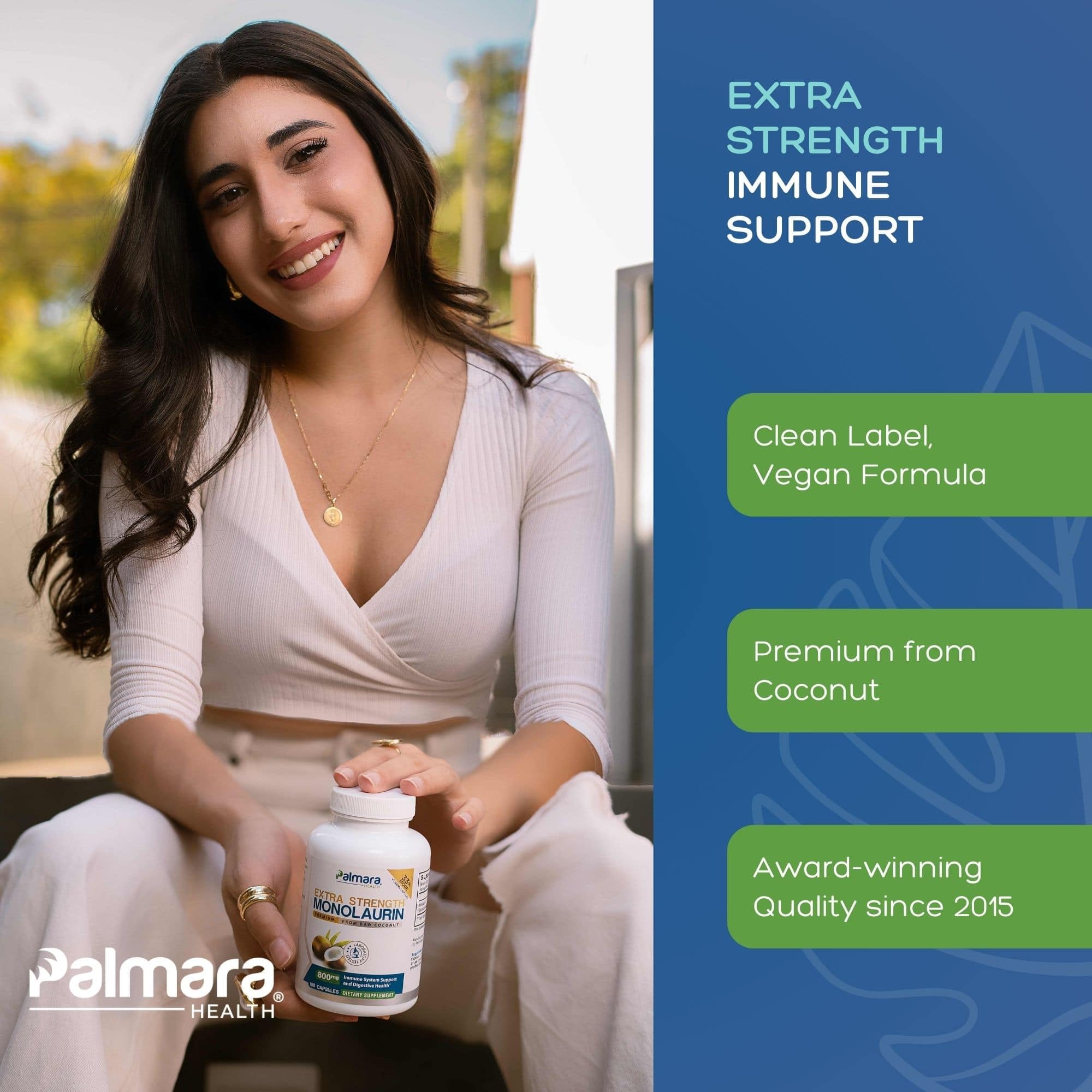Palmara Health Monolaurin clean-label bottle highlights pure ingredients.